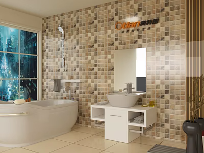 Modern Bathroom Set With White Bathtub Mosaic Tile Wall Sink Vanity And Mirror 3d model