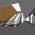 Modern Shopping Mall Lobby With Escalator Wooden Lattice Wall And Fashion Signage