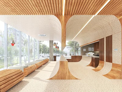 Modern Café with Wooden Elements Large Windows Curved Design Open Space and Natural Light 3d model