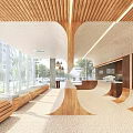 Modern Café with Wooden Elements Large Windows Curved Design Open Space and Natural Light