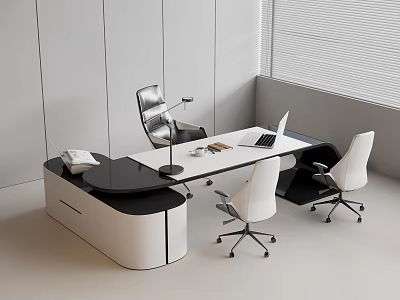 Modern Office Desk Setup With Laptop Desk Lamp Documents And Black White Office Chairs 3d model