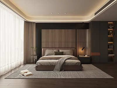 Modern Bedroom Interior Design With Wooden Headboard Bed Nightstand Table Lamp White Curtains And Wardrobe 3d model