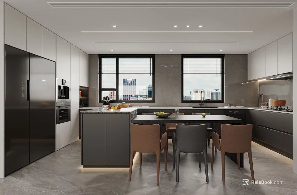 Modern Open Kitchen Interior Design With Island Counter Cabinets And Dining Chairs 3d model 