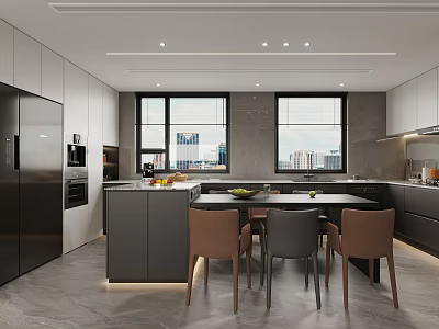 Modern Open Kitchen Interior Design With Island Counter Cabinets And Dining Chairs 3d model