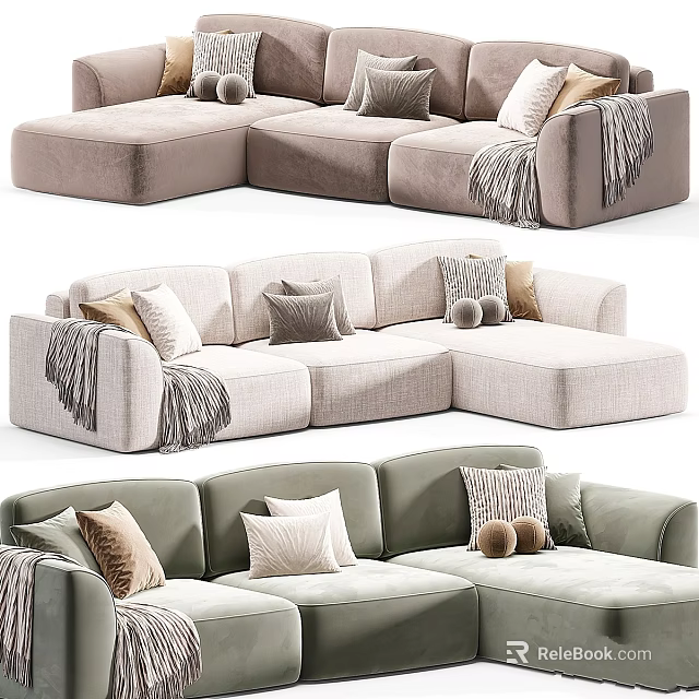 Cozy Light Colored L Shaped Sofa With Soft Cushions And Warm Blanket 3d model 