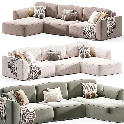 Cozy Light Colored L Shaped Sofa With Soft Cushions And Warm Blanket 3d model