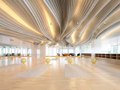 Modern Fitness Yoga Studio With Spacious Interior Wooden Floor And Exercise Balls 3d model