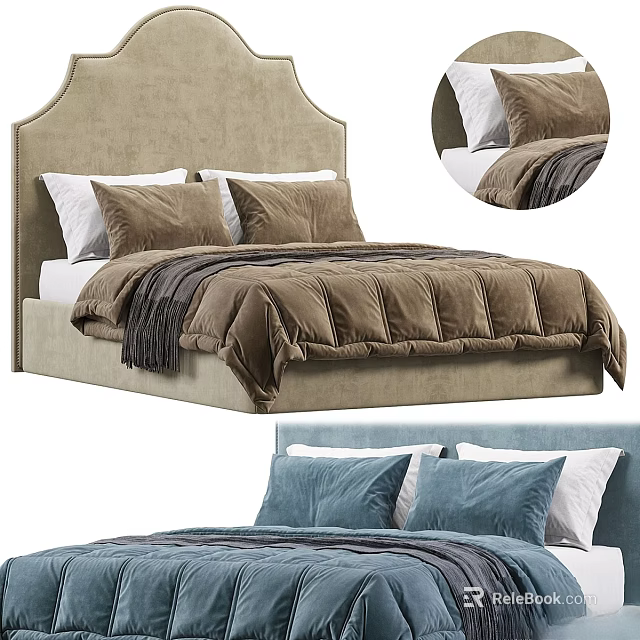 Modern Double Bed With Beige Upholstered Headboard Brown Quilt White Pillows And Gray Throw 3d model 