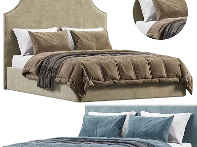 Modern Double Bed With Beige Upholstered Headboard Brown Quilt White Pillows And Gray Throw 3d model
