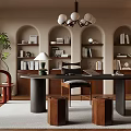 Middle Style Study Desk Niche Chandelier Table Lamp Bookcase 3d model