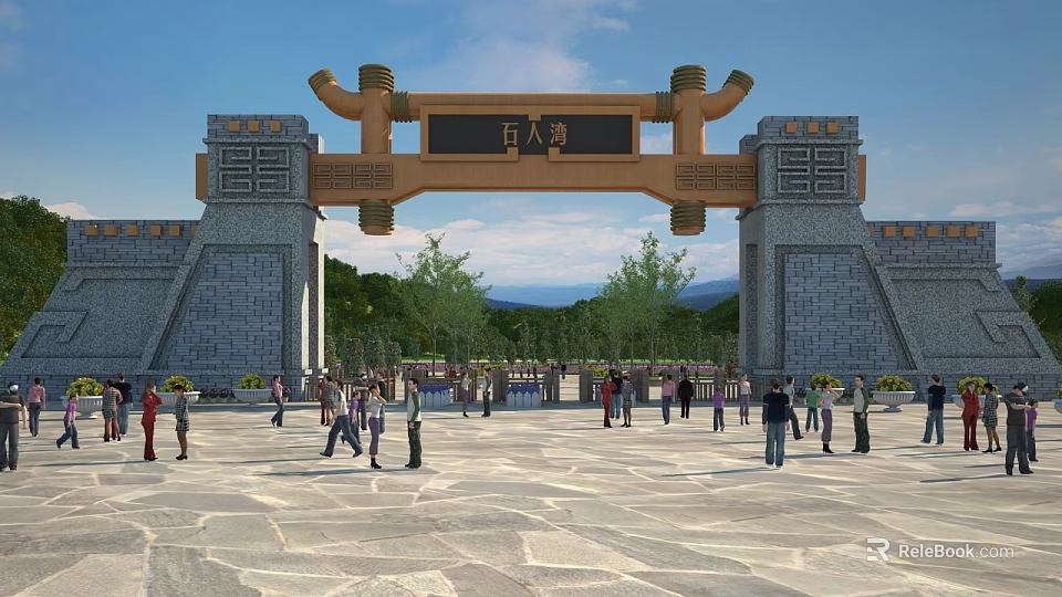 Ancient Architecture Traditional Gate With Stone Walls And Wooden Carvings In Public Square 3d model 