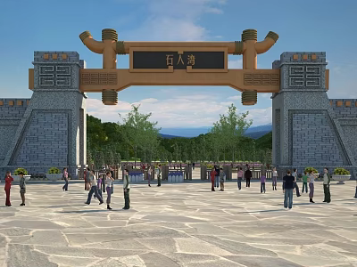 Ancient Architecture Traditional Gate With Stone Walls And Wooden Carvings In Public Square 3d model