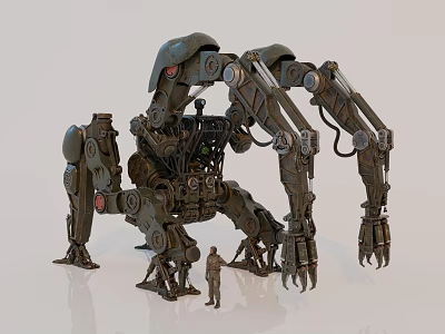 Giant Mechanical Robot With Multiple Arms And Complex Structure Beside Human Figure 3d model