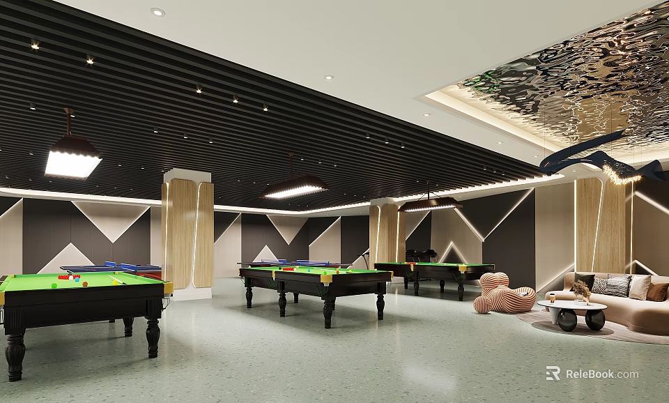 Modern Billiard Room Interior Design With Multiple Pool Tables And Geometric Wall Decor 3d model 