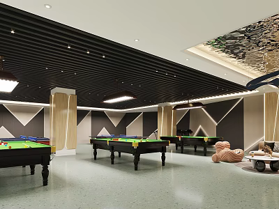 Modern Billiard Room Interior Design With Multiple Pool Tables And Geometric Wall Decor 3d model