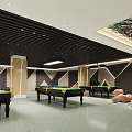 Modern Billiard Room Interior Design With Multiple Pool Tables And Geometric Wall Decor 3d model