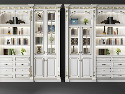 Elegant White Classic Bookcase With Glass Doors Drawers Gold Trim And Decorative Plants 3d model
