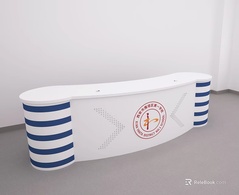 Modern White Reception Desk with Blue and White Striped Sides and Circular Logo on Front 3d model 