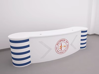 Modern White Reception Desk with Blue and White Striped Sides and Circular Logo on Front 3d model