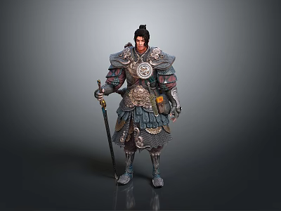 Man In Traditional Ancient Warrior Armor Holding Sword Standing On Neutral Background 3d model