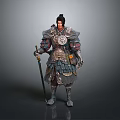 Man In Traditional Ancient Warrior Armor Holding Sword Standing On Neutral Background