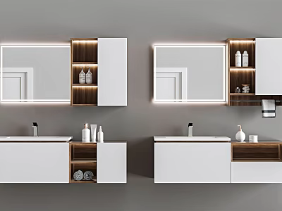 Modern Bathroom Vanity With Illuminated Mirrors Storage Cabinets And Toiletries 3d model