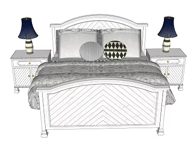 Double Bed With Wooden Frame Patterned Pillows Bedspread And Nightstand Lamps 3d model