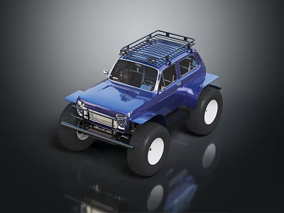 Blue Off Road Vehicle Featuring Large Tires And Roof Rack Design 3d model