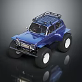 Blue Off Road Vehicle Featuring Large Tires And Roof Rack Design