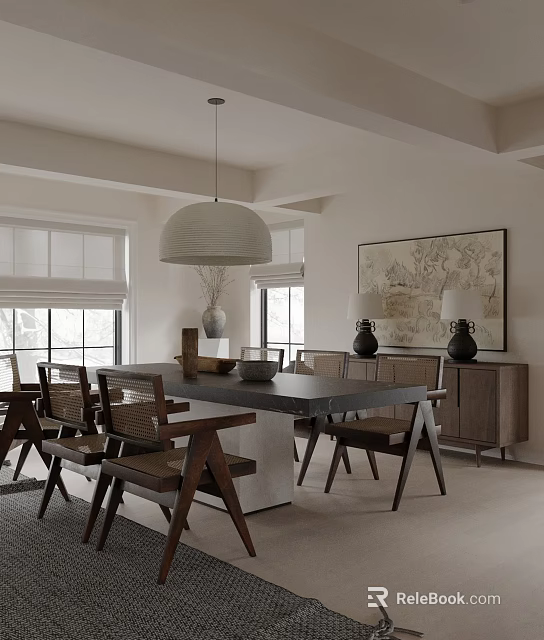 Modern Restaurant Interior Design With Wooden Dining Table Chairs Pendant Light And Artwork 3d model 