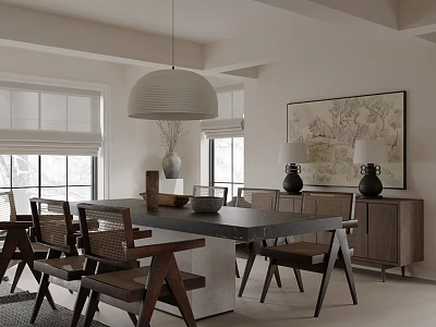 Modern Restaurant Interior Design With Wooden Dining Table Chairs Pendant Light And Artwork 3d model