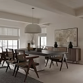 Modern Restaurant Interior Design With Wooden Dining Table Chairs Pendant Light And Artwork