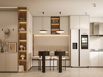 Modern Open Kitchen Design With White Cabinets Island Counter And Pendant Lights 3d model