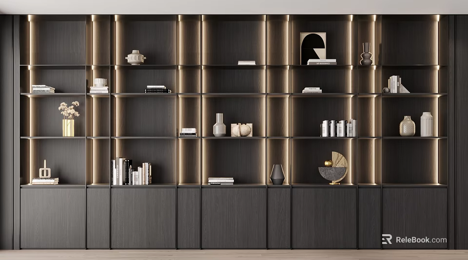 Modern Dark Toned Bookcase Interior With Golden Lighting Layered Design And Decorative Items 3d model 