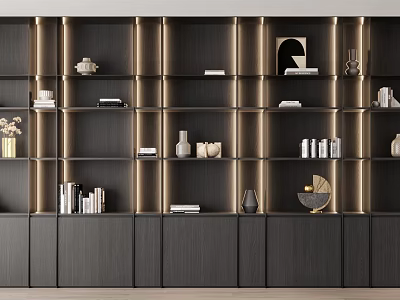 Modern Dark Toned Bookcase Interior With Golden Lighting Layered Design And Decorative Items 3d model