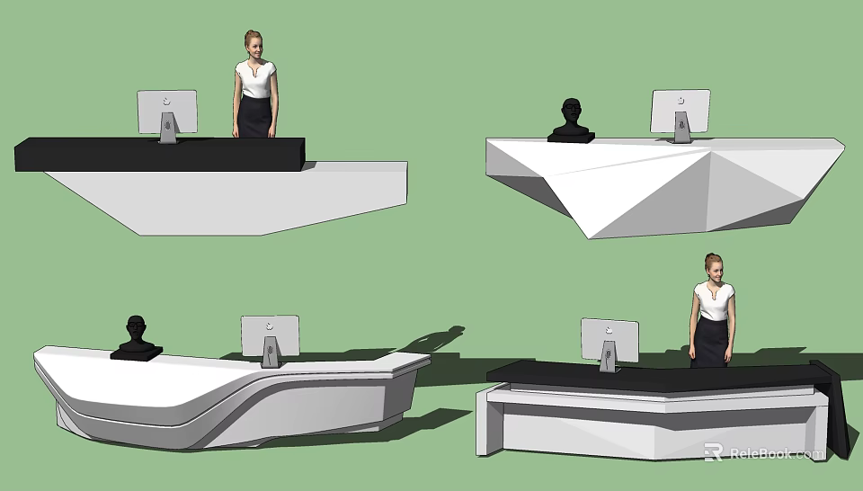 Modern Geometric Reception Desk Design With Computer Monitor And Receptionist 3d model 
