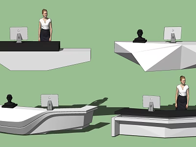 Modern Geometric Reception Desk Design With Computer Monitor And Receptionist 3d model