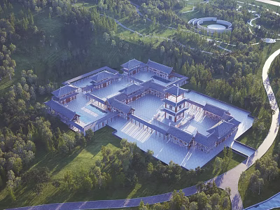 Aerial Planning of Chinese Style Traditional Buildings Surrounded by Lush Greenery and Trees 3d model
