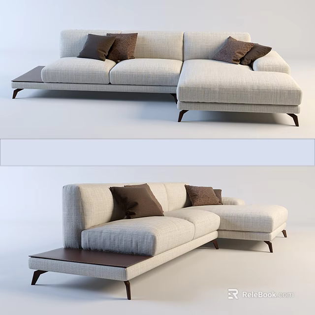Beige Sectional Sofa With Brown Cushions And Modern Wooden Legs Design 3d model 