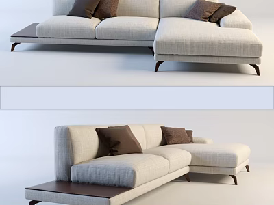 Beige Sectional Sofa With Brown Cushions And Modern Wooden Legs Design 3d model