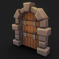 Medieval Style Wooden Door With Stone Arch Frame And Metal Hinges