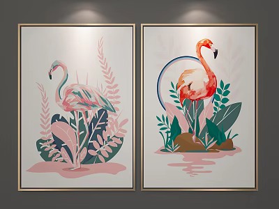 Two Flamingo Paintings With Pink And Red Birds Tropical Leaves And Green Plants 3d model