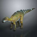 Realistic Reptile Dinosaur Model with Yellow Green Skin and White Back Stripes in Standing Pose