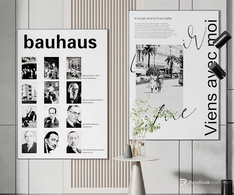 Bauhaus Themed Wall Decor With Black White Photos And Handwritten Text 3d model 