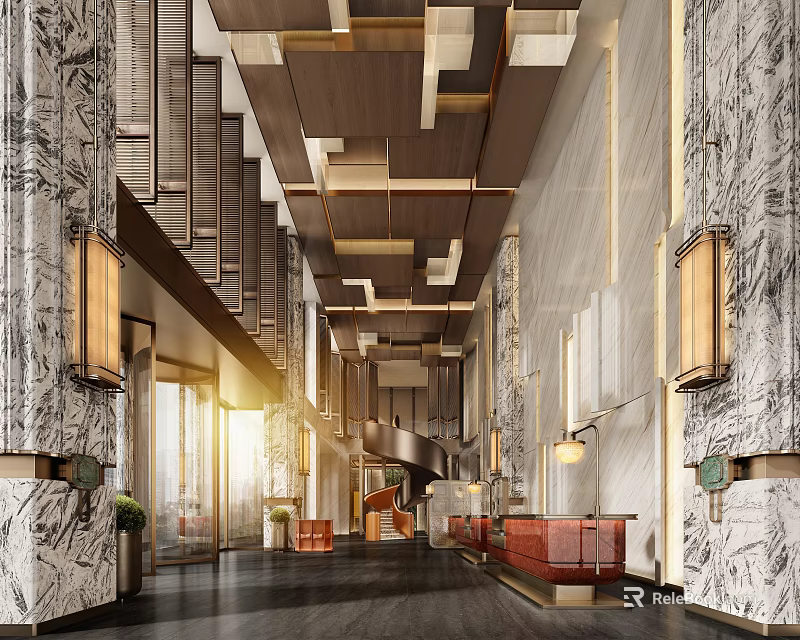 Luxurious Modern Hotel Lobby Interior With Marble Walls Wooden Accents And Reception Desk 3d model 