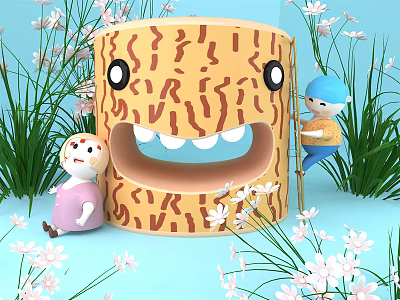 Cartoon Scene With Smiling Tree Stump And Climbing Characters In Green Grass White Flowers 3d model