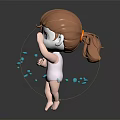 3D Cartoon Girl Character With Brown Ponytail Running Through Blue Floating Fragments In Dynamic Pose