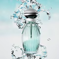 Elegant Perfume Bottle With Ribbed Design Splashing Water On Light Blue Background