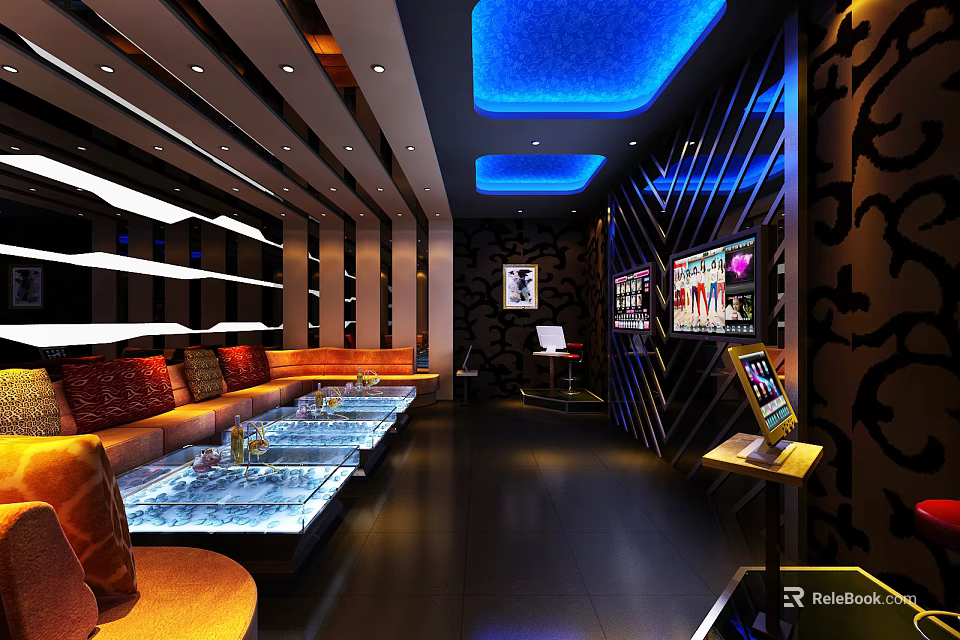 Modern KTV Room Interior Design With Blue Ceiling Lighting Sofa Seating And TV Screens 3d model 