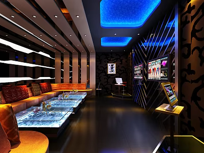 Modern KTV Room Interior Design With Blue Ceiling Lighting Sofa Seating And TV Screens 3d model